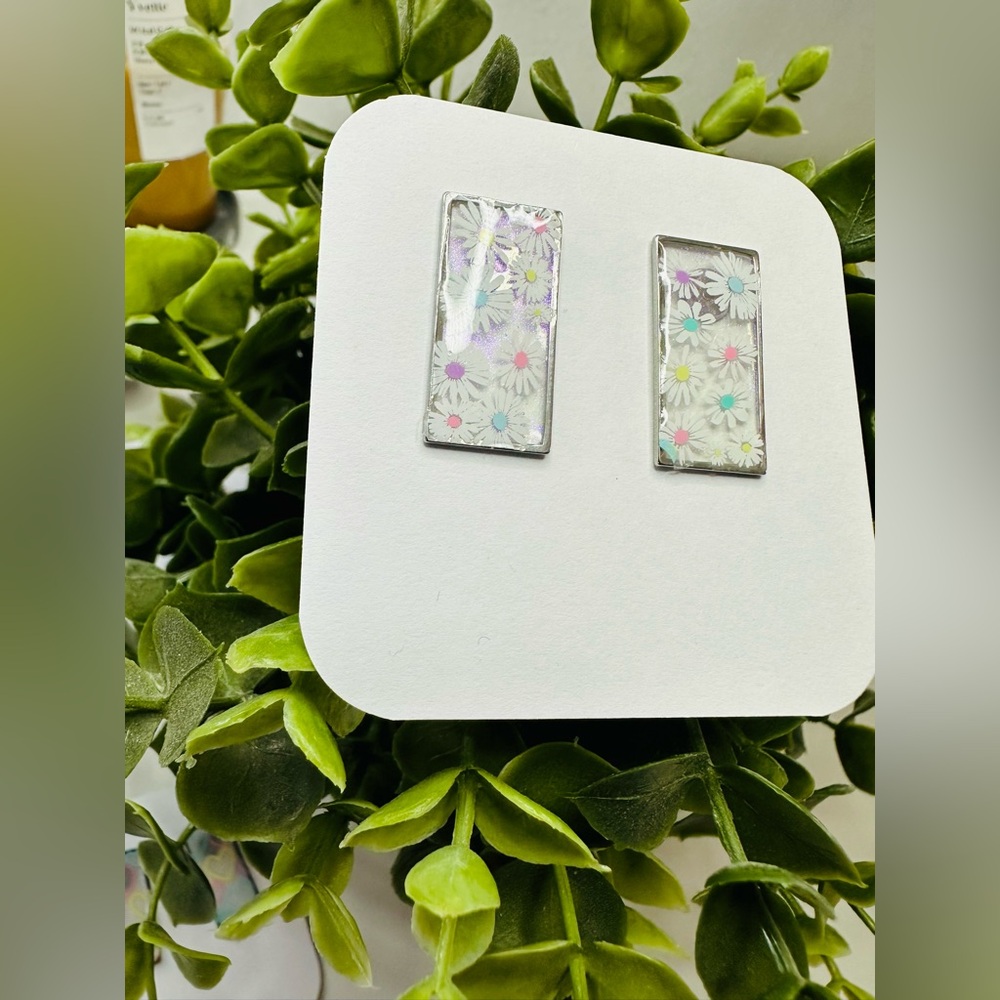Floral Rectangle Earrings Handmade - Picture 4 of 4